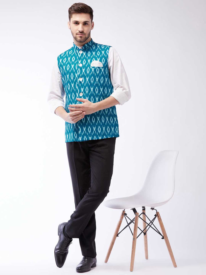 VASTRAMAY Men's Turquoise Cotton Nehru Jacket