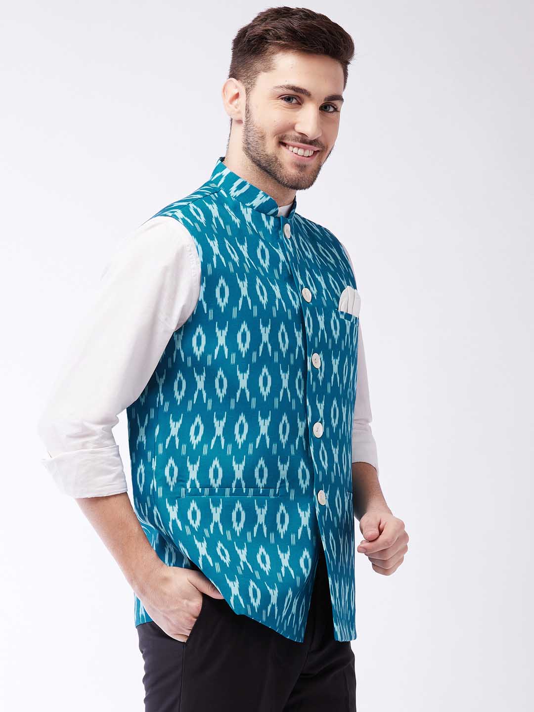 VASTRAMAY Men's Turquoise Cotton Nehru Jacket