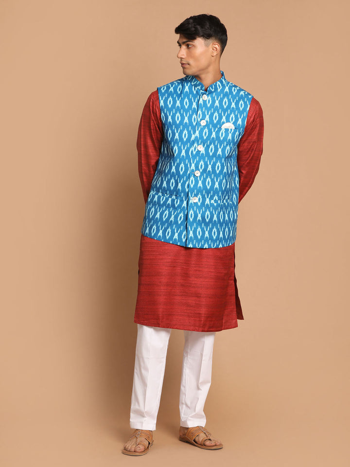 VASTRAMAY Men's Turquoise Cotton Nehru Jacket  With Maroon Kurta And Pyjama Set