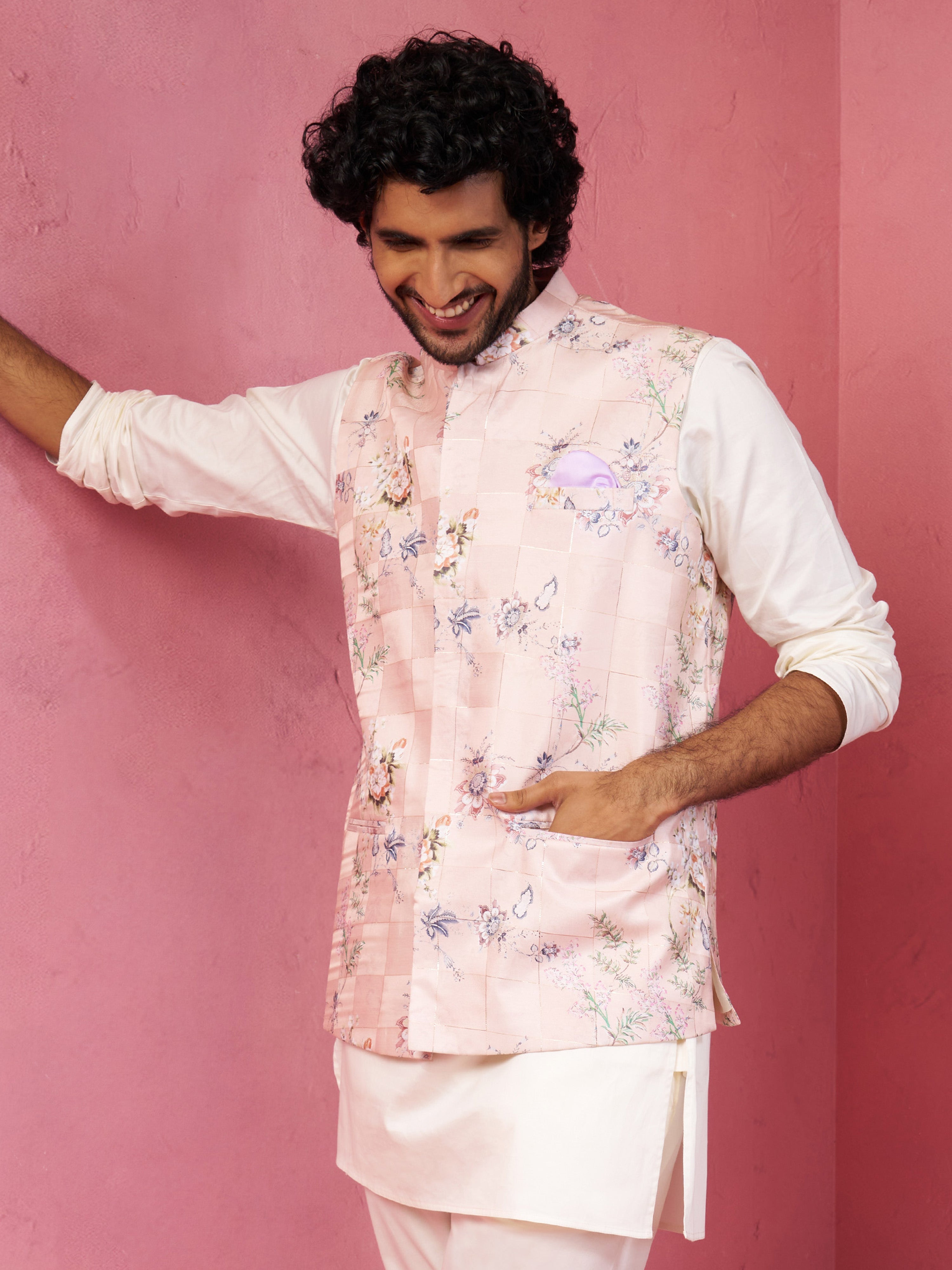 Light Pink Floral Printed Nehru Jacket