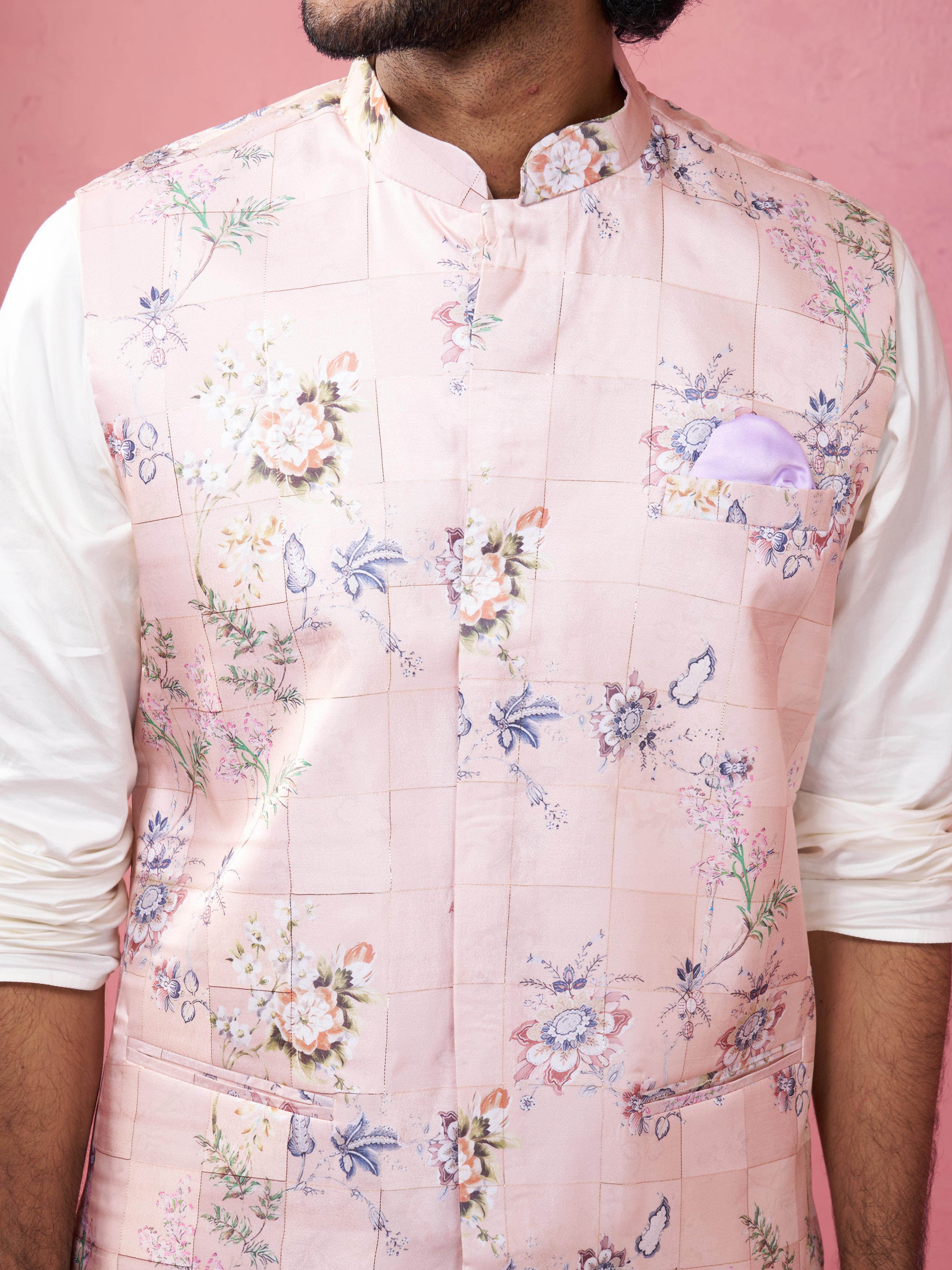 Light Pink Floral Printed Nehru Jacket