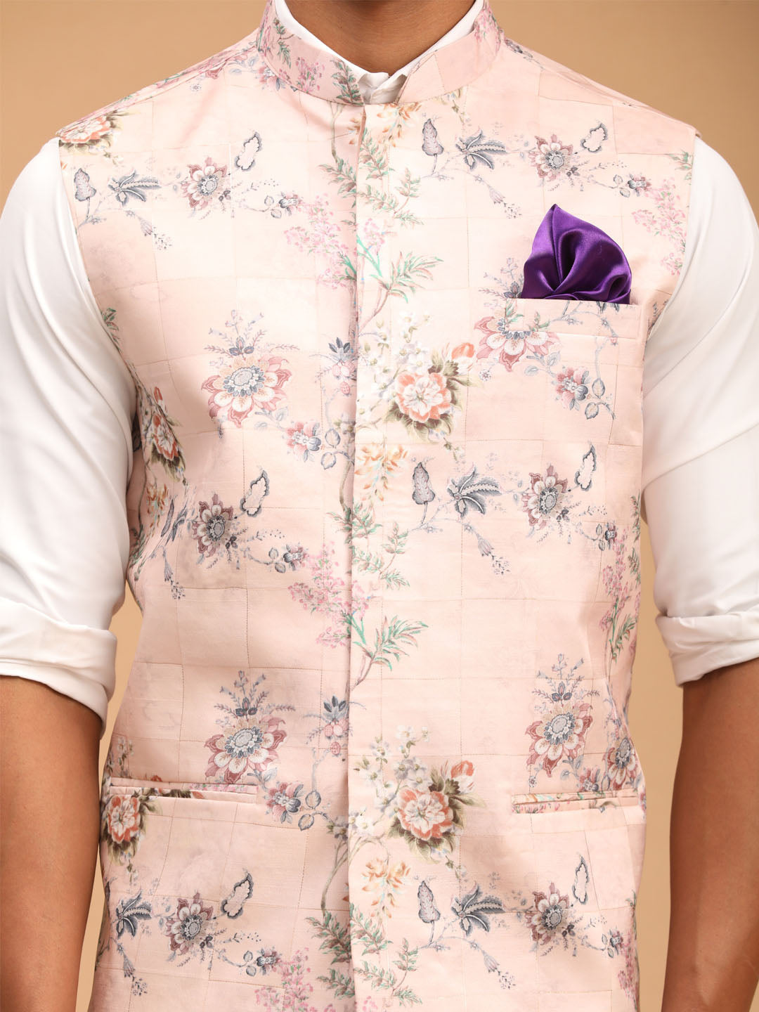 VASTRAMAY Light Pink Floral Printed Nehru Jacket