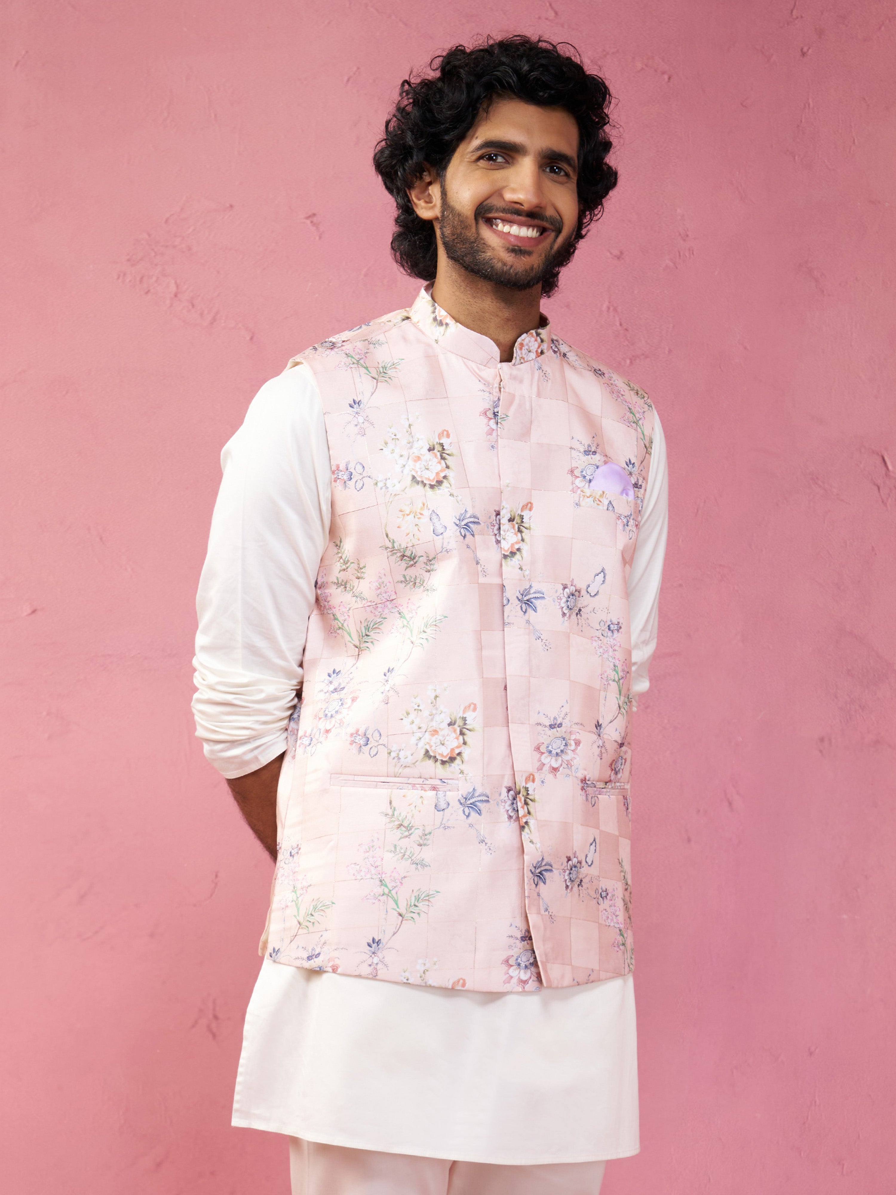 Light Pink Floral Printed Nehru Jacket