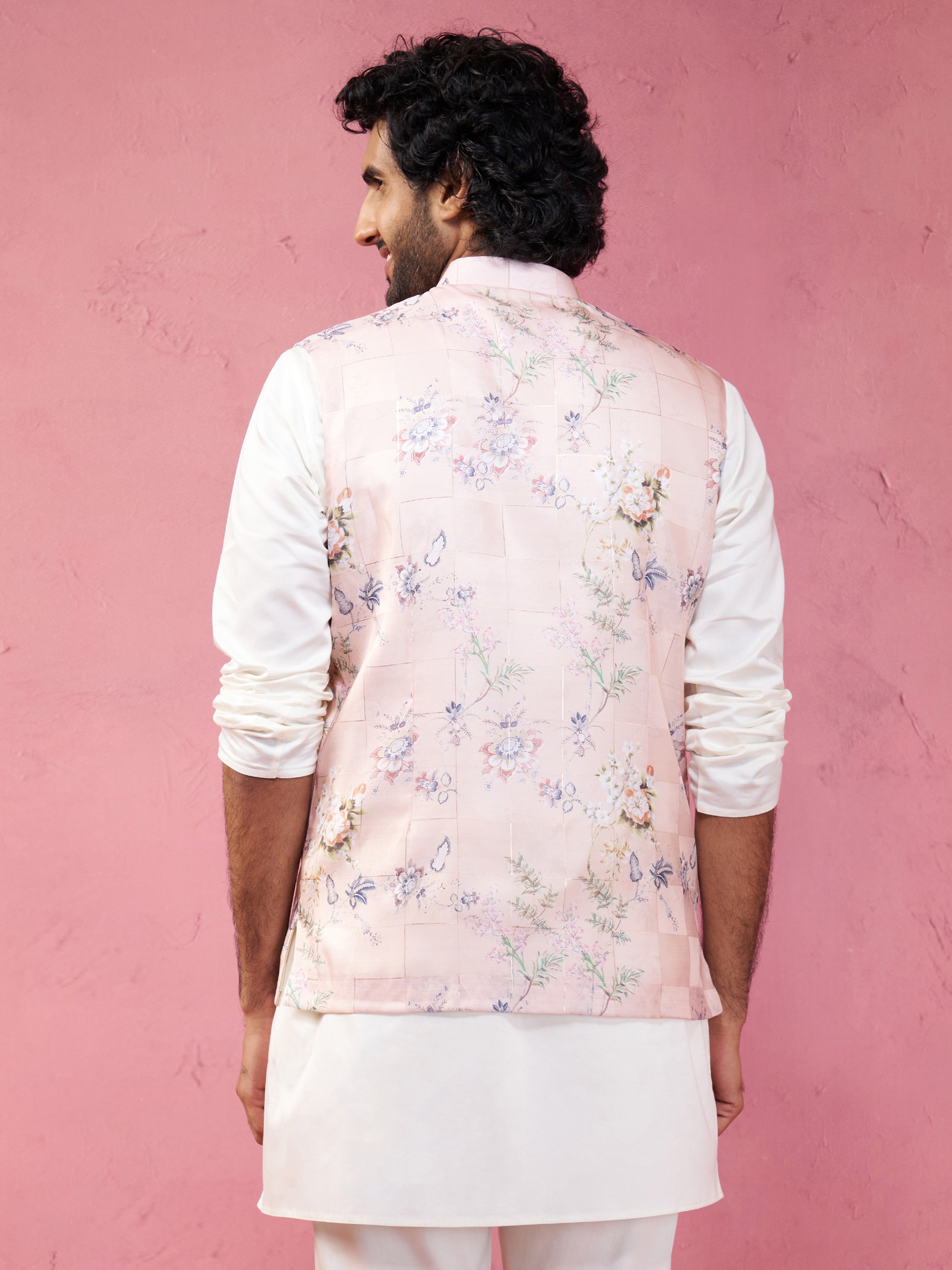 Light Pink Floral Printed Nehru Jacket