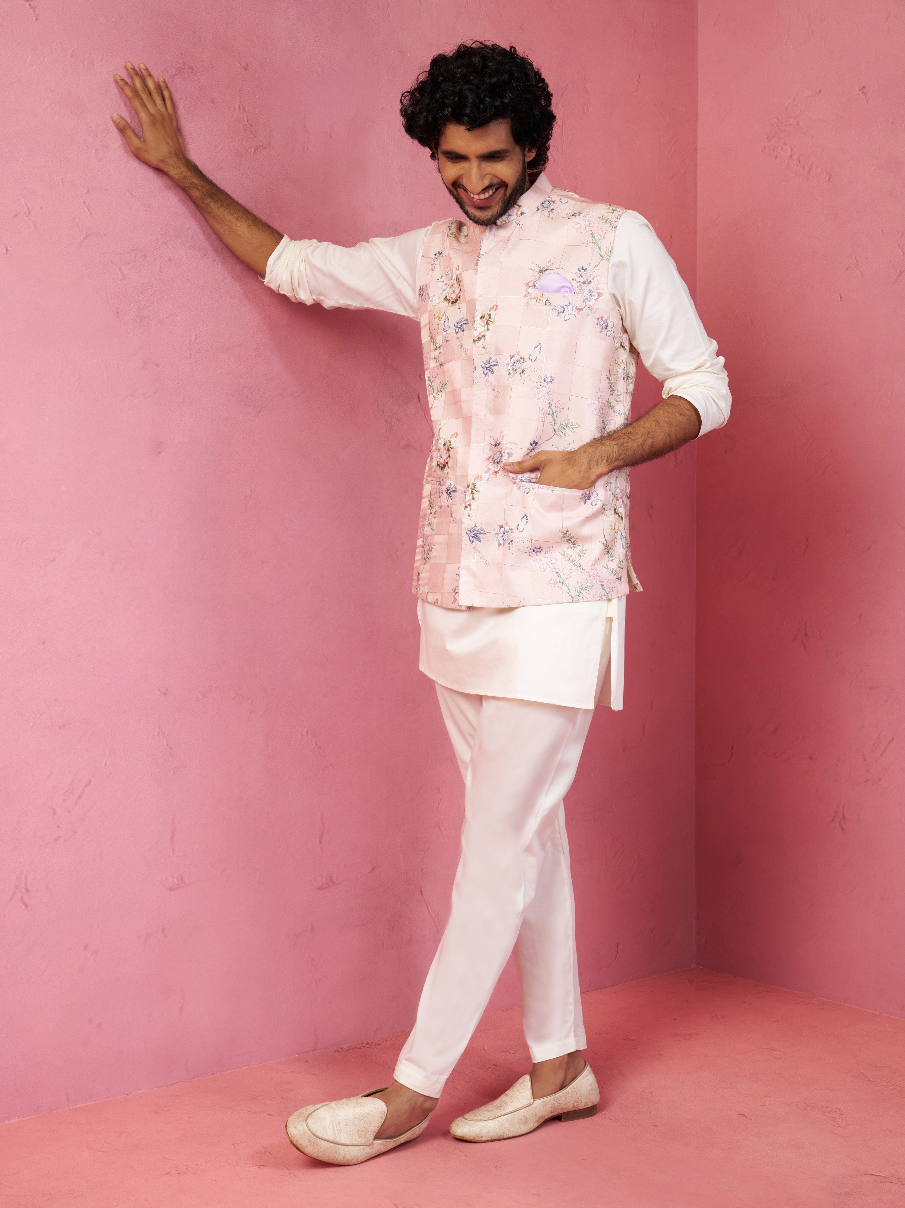 Light Pink Floral Printed Nehru Jacket