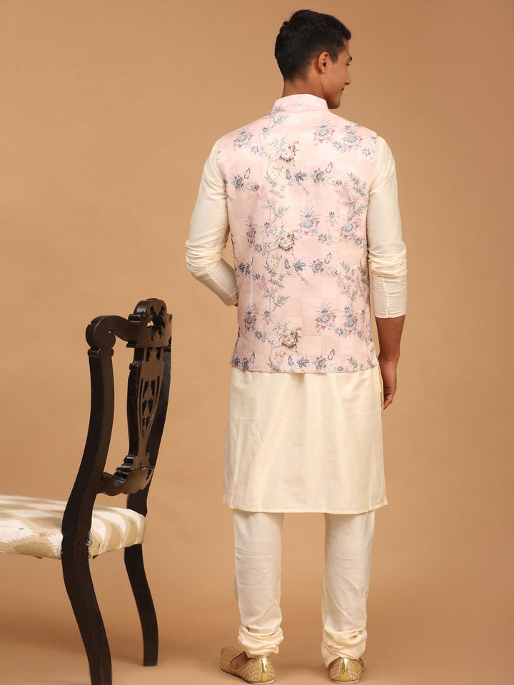 VASTRAMAY Light Pink Floral Print Nehru Jacket And Cream Solid Kurta With Pyjama Set