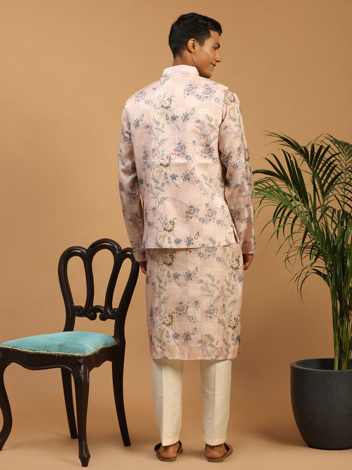 VASTRAMAY Light Pink Floral Print Nehru Jacket And Pink Printed Kurta With Cream Viscose Pant Set