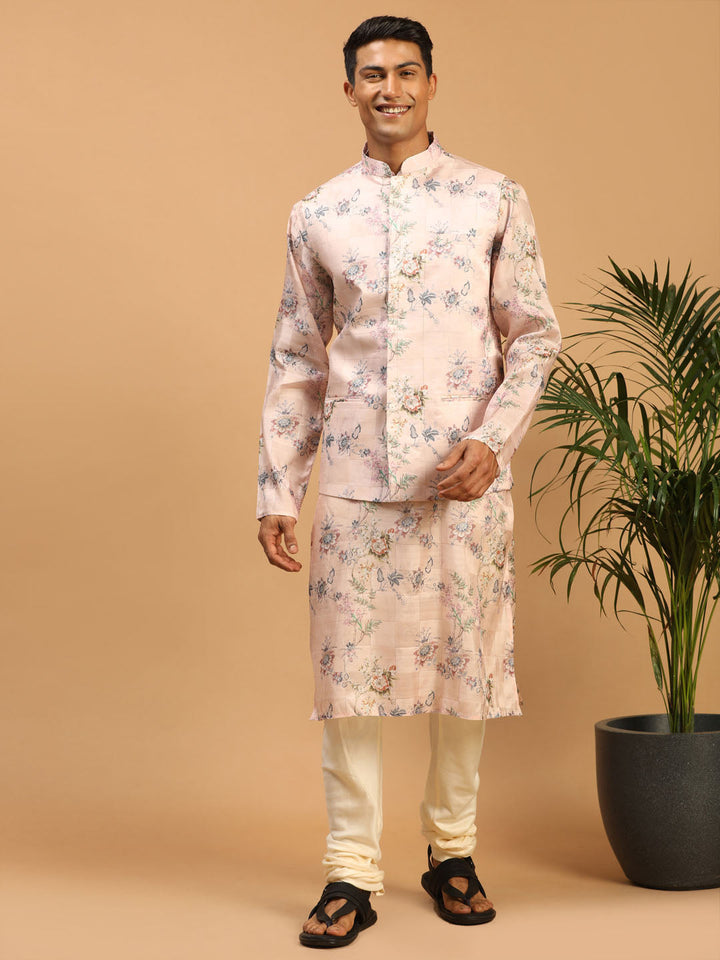 VASTRAMAY Light Pink Floral Print Nehru Jacket And Pink Printed Kurta With Cream Pyjama Set