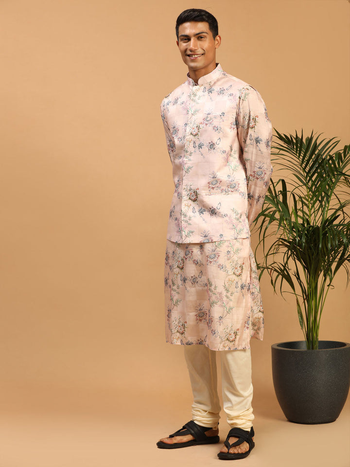 VASTRAMAY Light Pink Floral Print Nehru Jacket And Pink Printed Kurta With Cream Pyjama Set