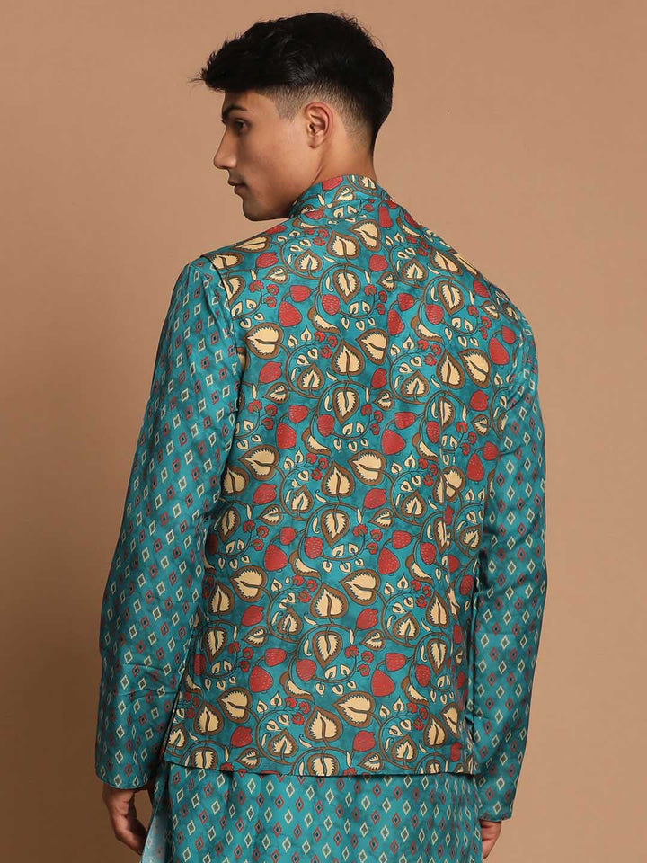 VASTRAMAY Men's Green Printed Nehru Jacket