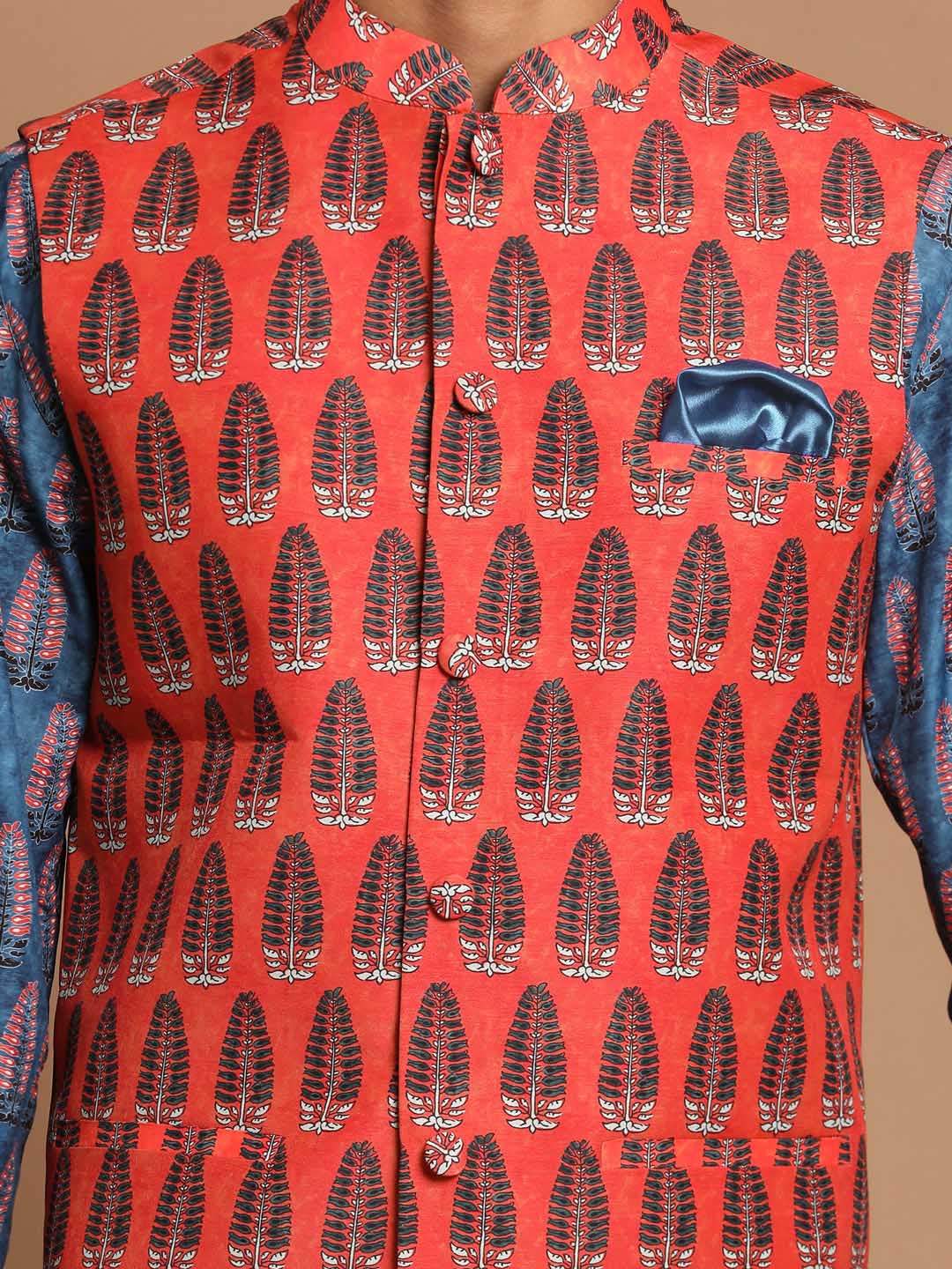 VASTRAMAY Men's Orange Printed Nehru Jacket