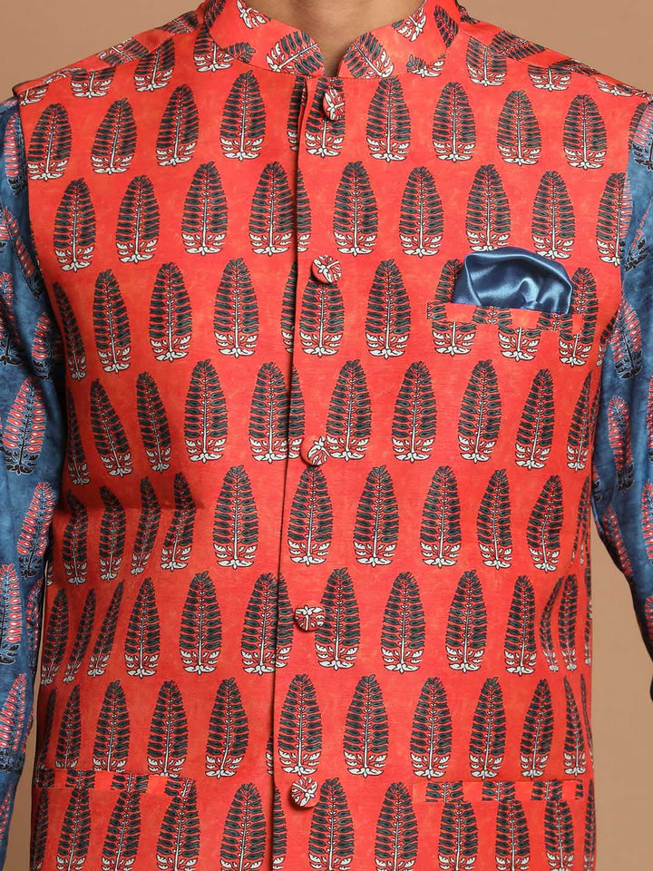 VASTRAMAY Men's Orange Printed Nehru Jacket