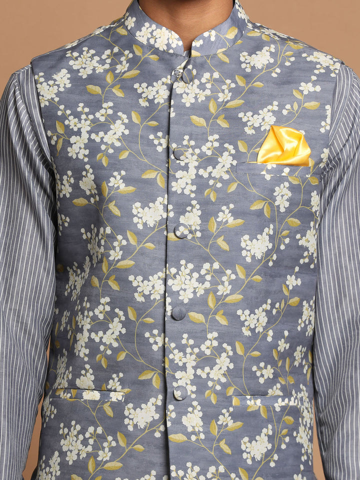 VASTRAMAY Men's Gray Floral Print Nehru Jacket