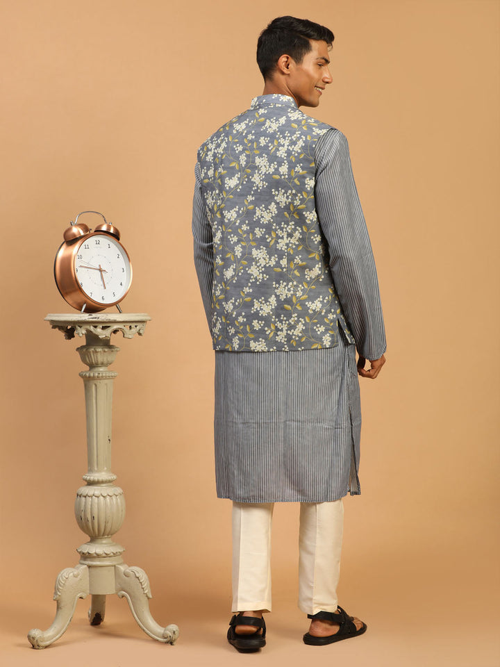 VASTRAMAY Men's Grey Printed Nehru Jacket And kurta With Cream Viscose Pant Set