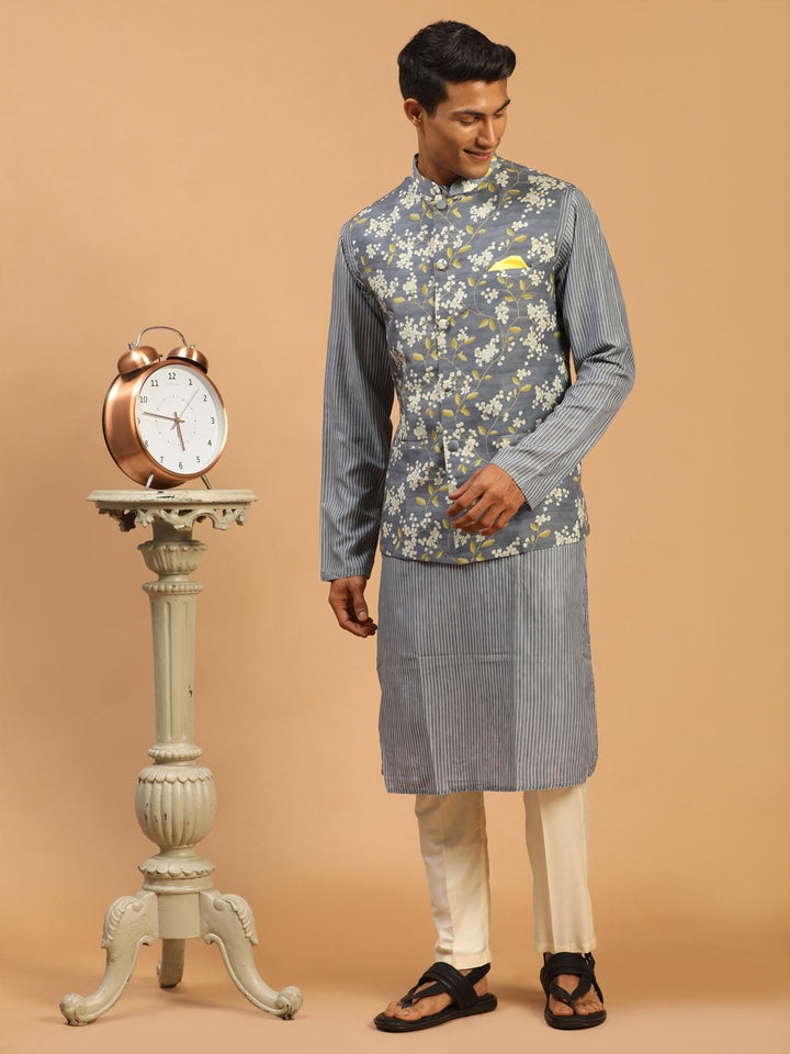 VASTRAMAY Men's Grey Printed Nehru Jacket And kurta With Cream Viscose Pant Set