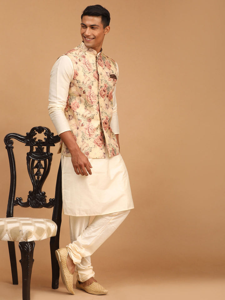 VASTRAMAY Beige Printed Nehru Jacket And Cream Solid Kurta With Pyjama Set