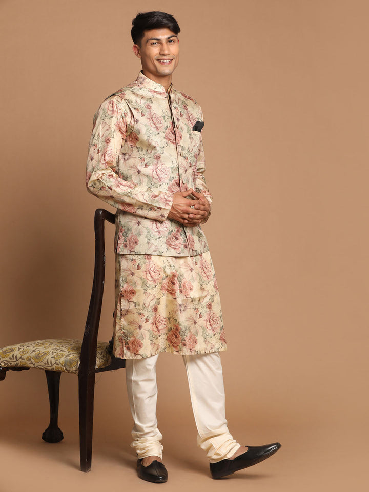 VASTRAMAY Beige Printed Nehru Jacket And kurta With Cream Solid Pyjama Set