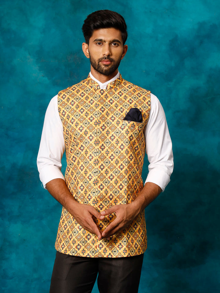 VASTRAMAY Yellow Geometric Print Embellished Nehru Jacket