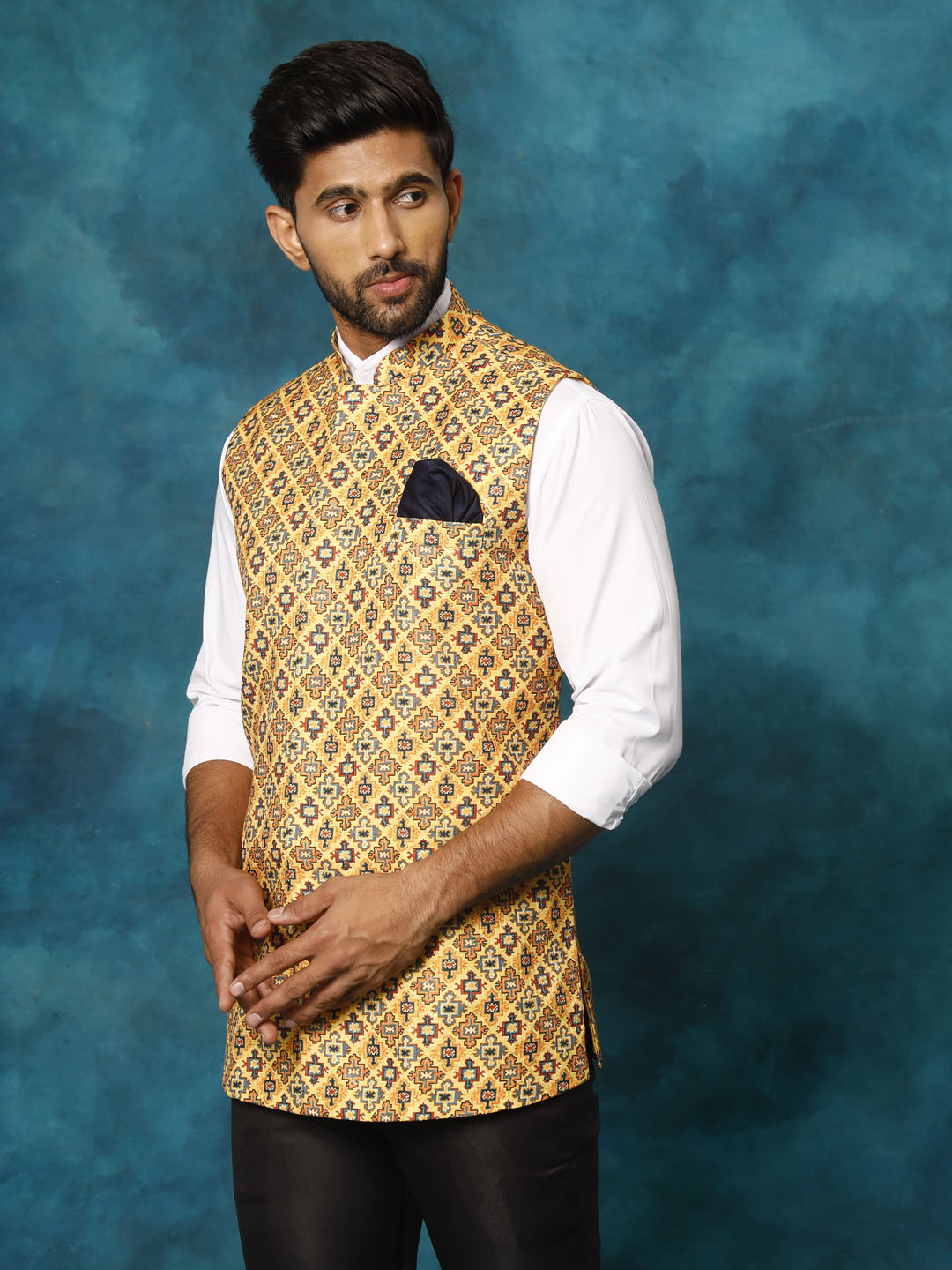 VASTRAMAY Yellow Geometric Print Embellished Nehru Jacket