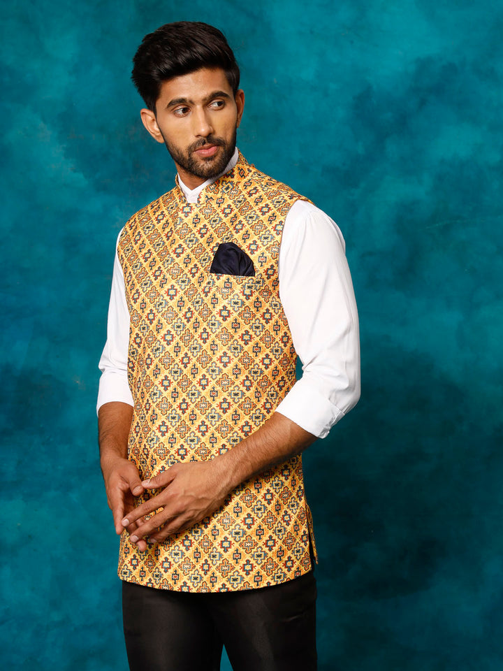 VASTRAMAY Yellow Geometric Print Embellished Nehru Jacket