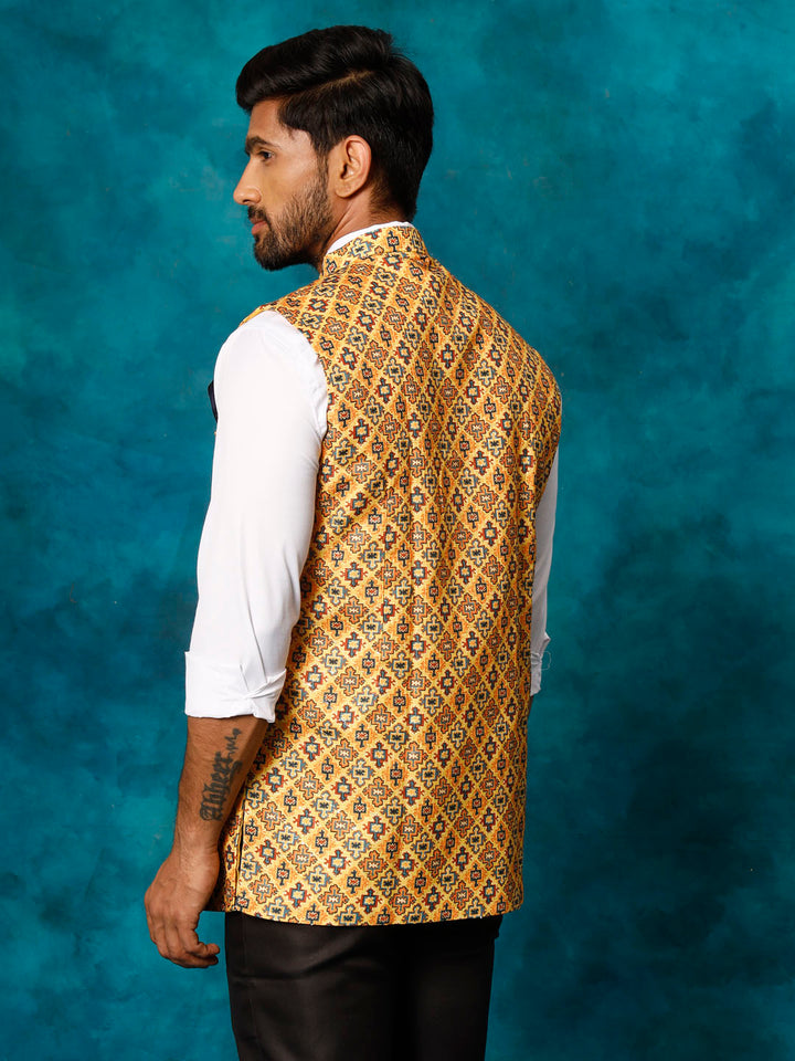 VASTRAMAY Yellow Geometric Print Embellished Nehru Jacket