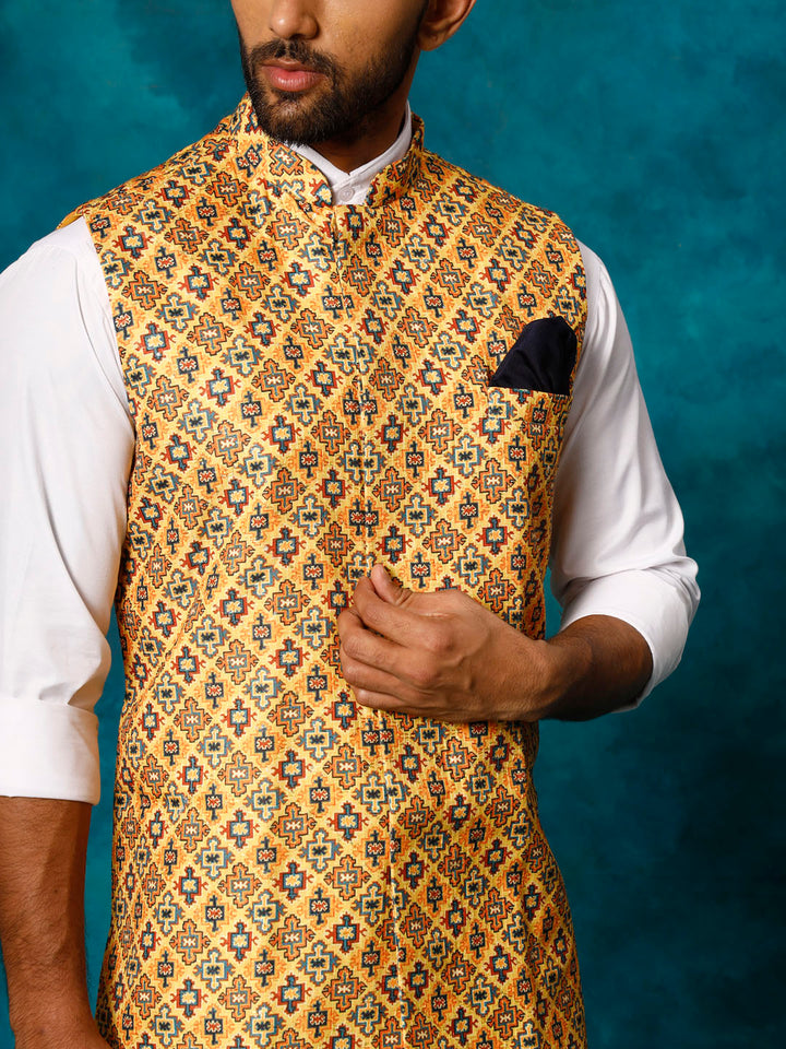 VASTRAMAY Yellow Geometric Print Embellished Nehru Jacket