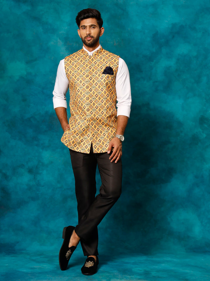 VASTRAMAY Yellow Geometric Print Embellished Nehru Jacket