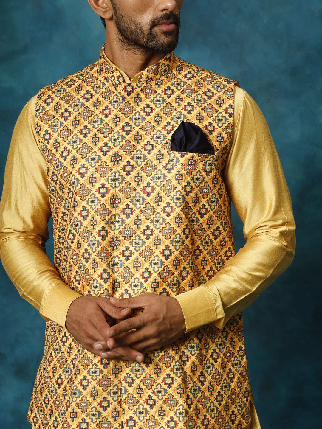 VASTRAMAY Men's Mustard Geometric Printed Nehru Jacket With Curved Kurta And Pant Set