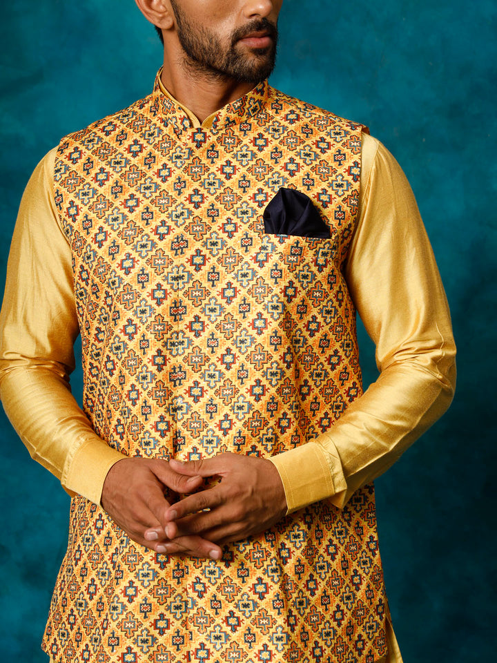 VASTRAMAY Men's Mustard Geometric Printed Nehru Jacket With Curved Kurta And Pant Set