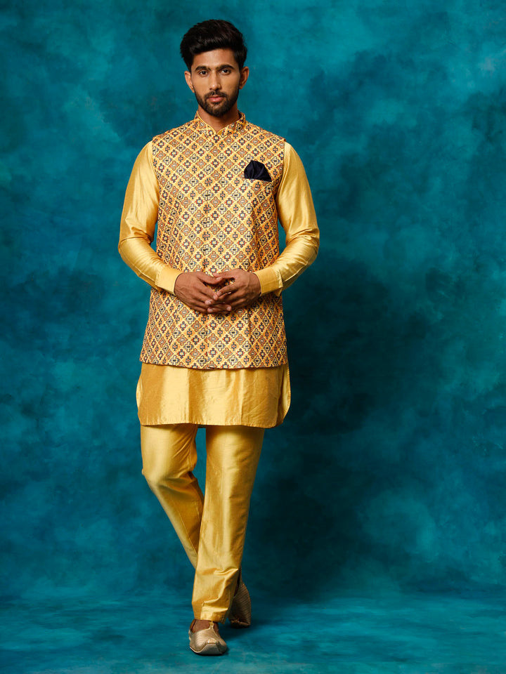 VASTRAMAY Men's Mustard Geometric Printed Nehru Jacket With Curved Kurta And Pant Set