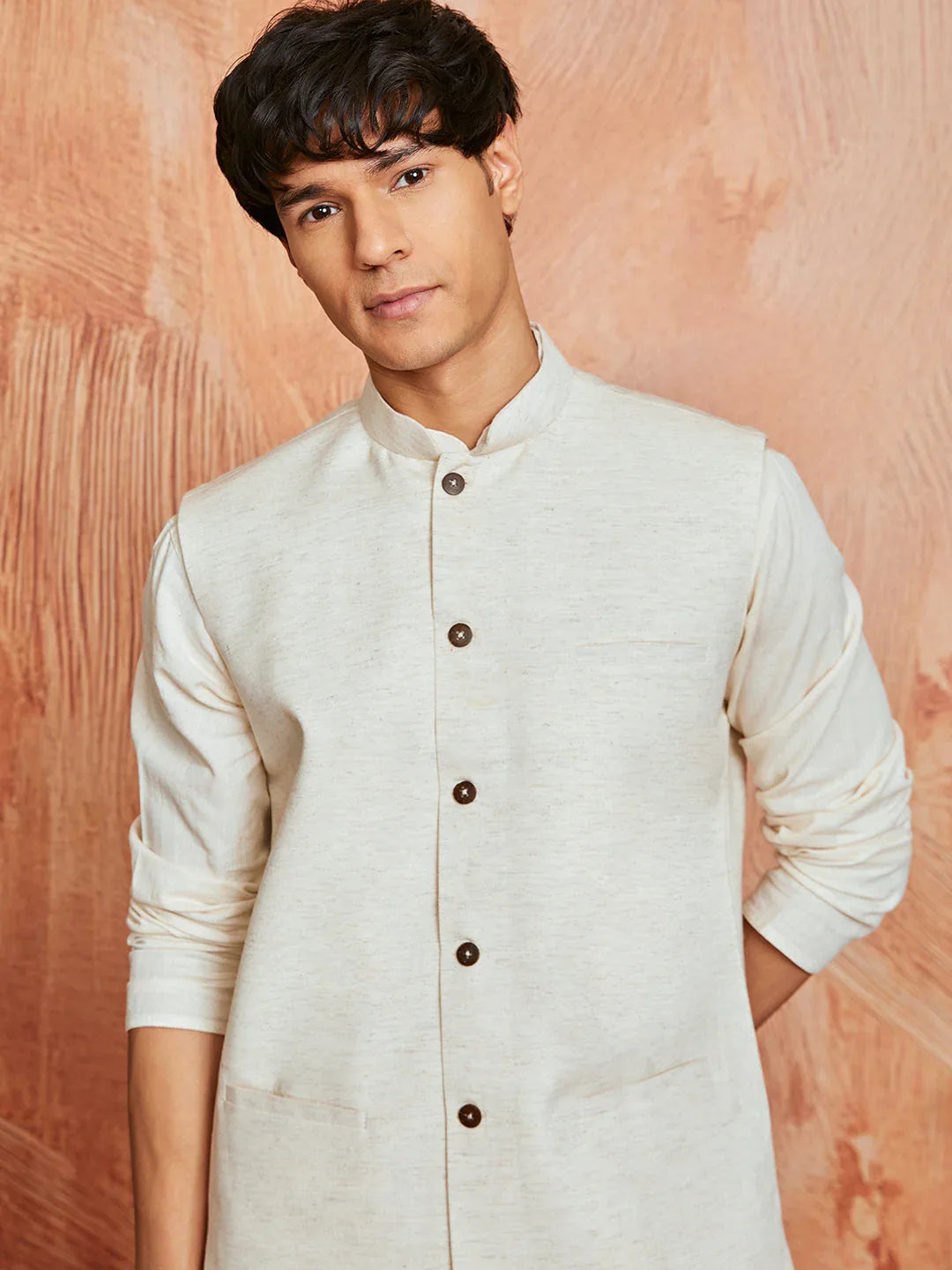 Men's Cream Khadi Cotton Jacket, Kurta And Pyjama Set