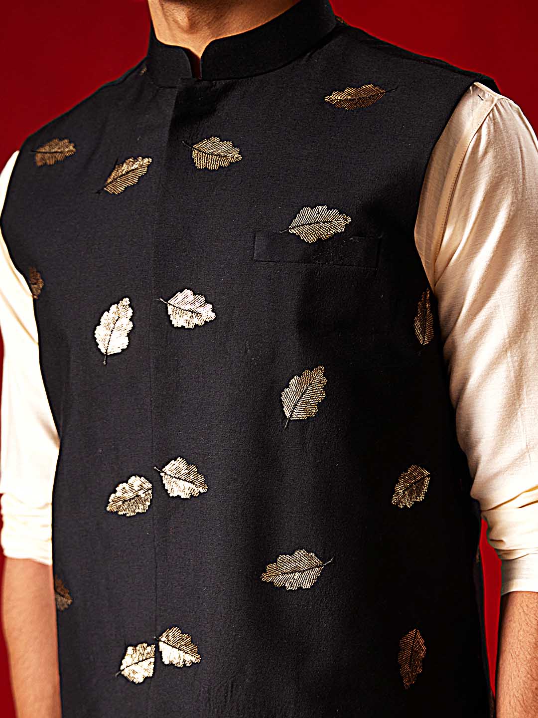 VASTRAMAY Men's Black Leaf Motif Embellished Jacket with unique and eye-catching design