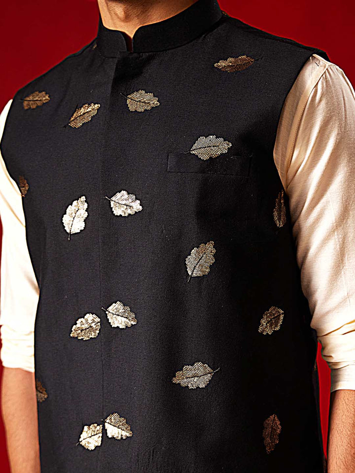 VASTRAMAY Men's Black Leaf Motif Embellished Jacket with unique and eye-catching design