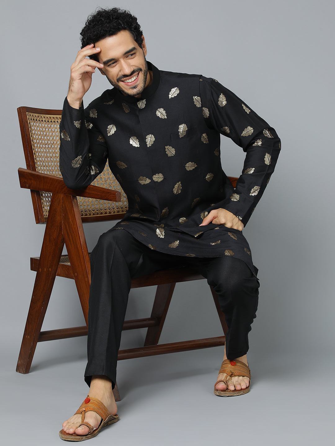 VASTRAMAY Men's Black Leaf Motif Embellished jacket Kurta Pant Set