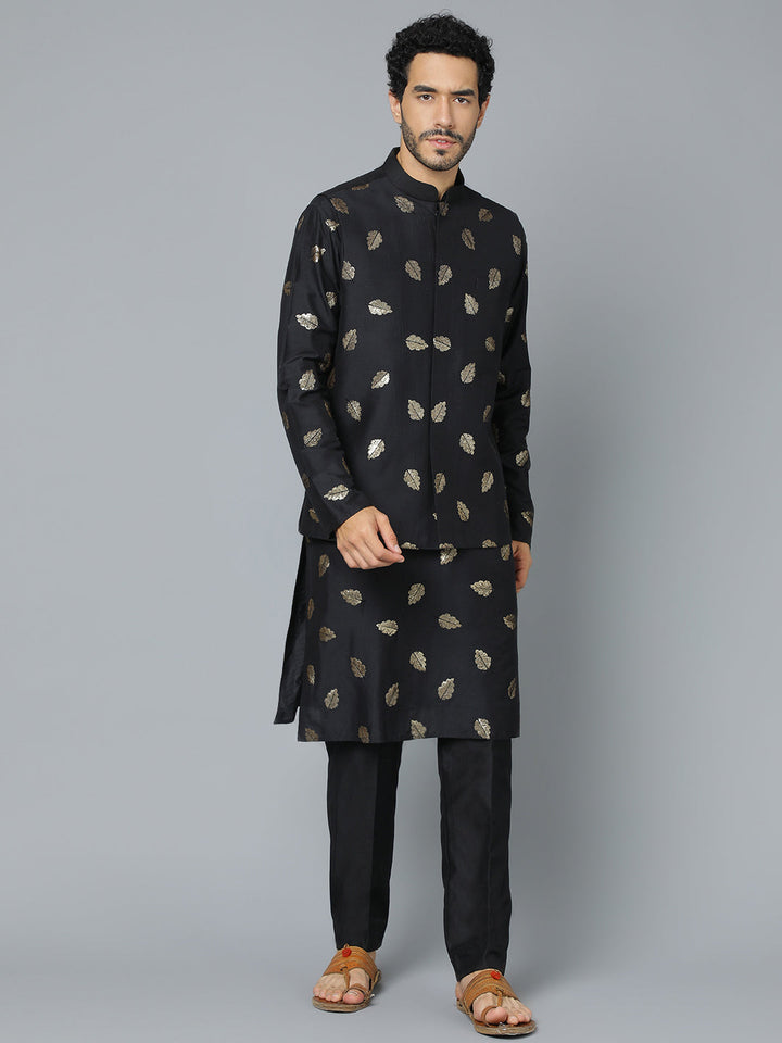 VASTRAMAY Men's Black Leaf Motif Embellished jacket Kurta Pant Set