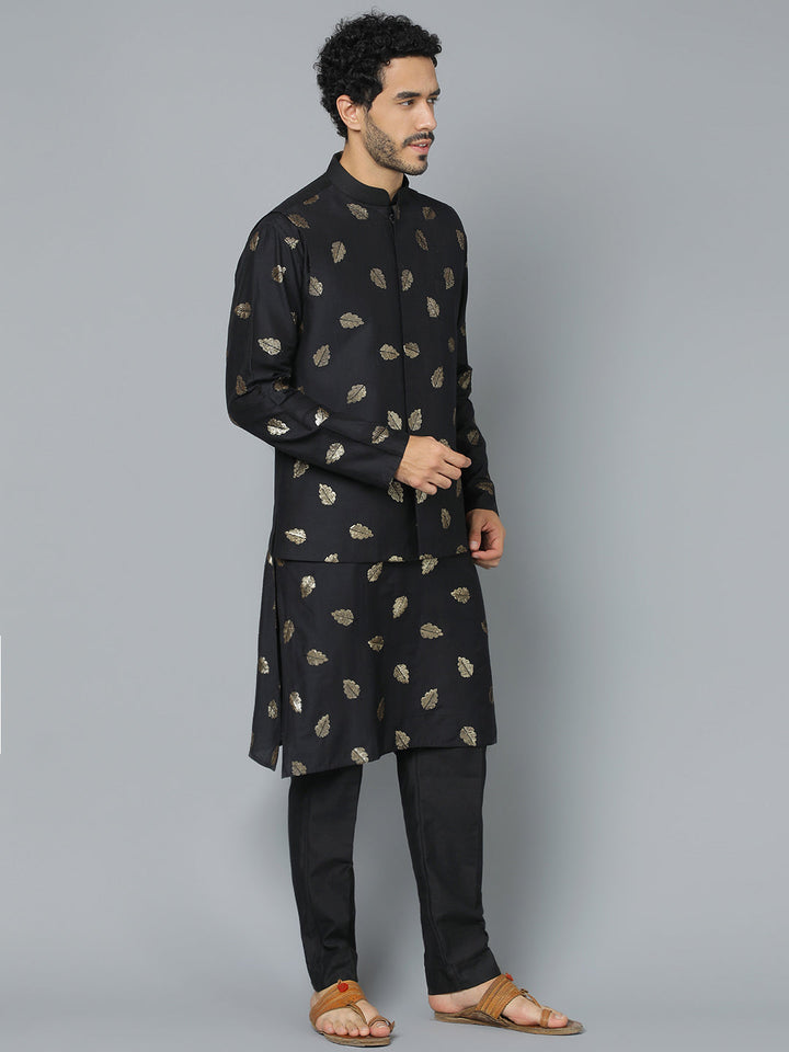 VASTRAMAY Men's Black Leaf Motif Embellished jacket Kurta Pant Set