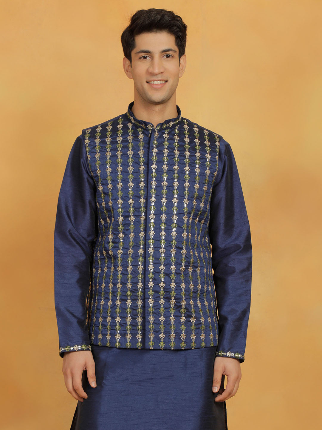 Men's Navy Blue Dupion Silk Nehru Jacket