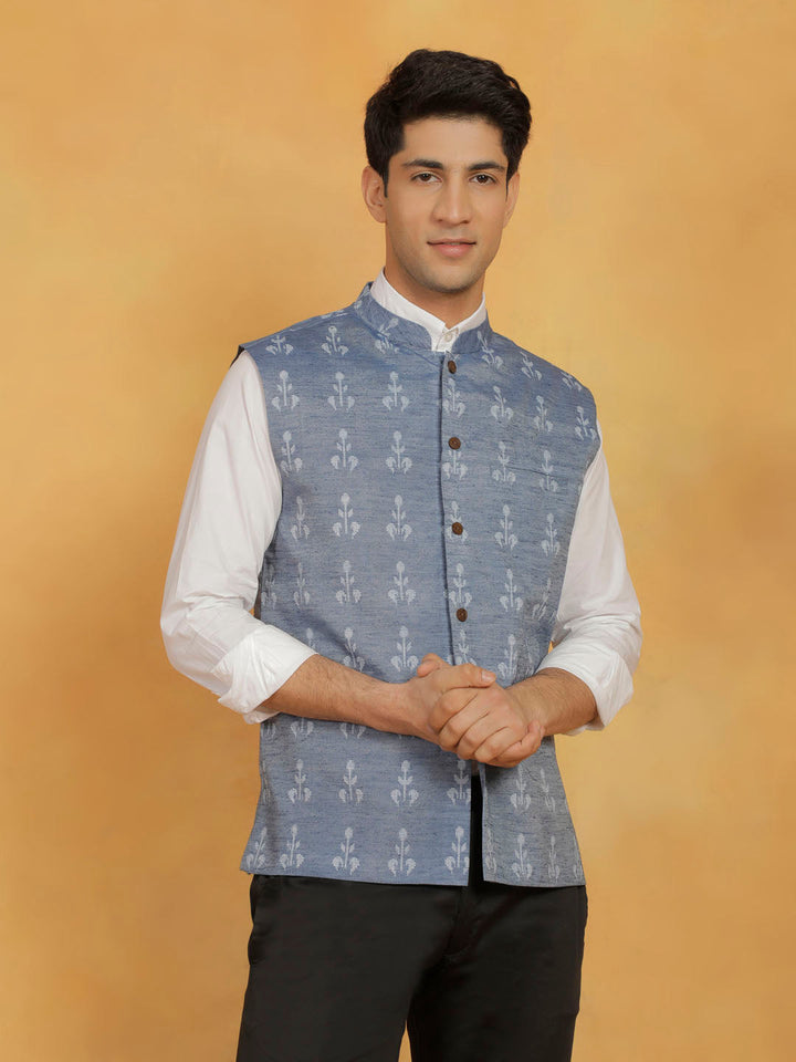 VASTRAMAY Men's Blue Cotton Nehru Jacket with Mandarin Collar and Button Closure