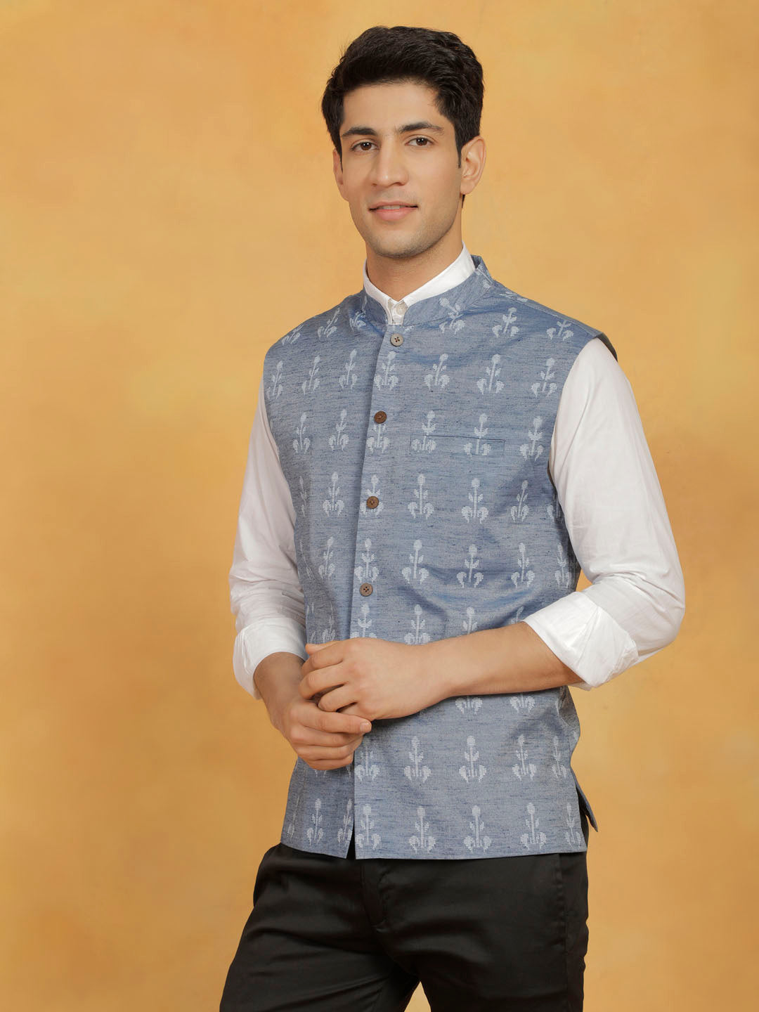  Close-up of the intricate embroidery detail on the chest of VASTRAMAY Men's Blue Cotton Nehru Jacket