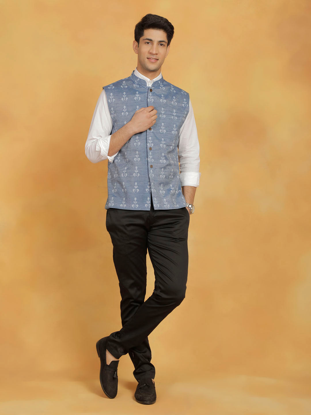  VASTRAMAY Men's Blue Cotton Nehru Jacket worn by a model, showcasing the versatile and classic look