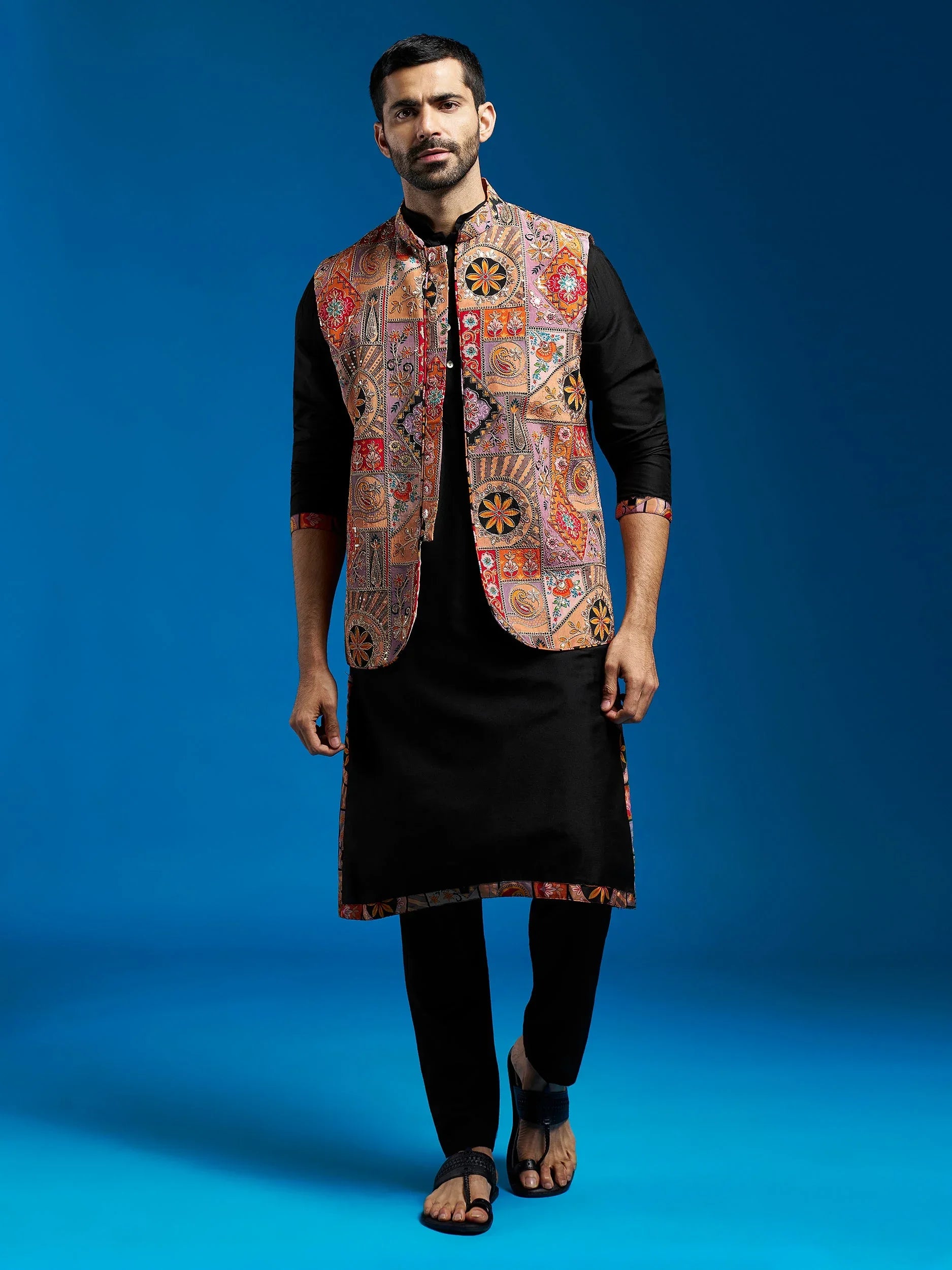 Men's Black Viscose Jacket,Kurta And Pyjama Set.