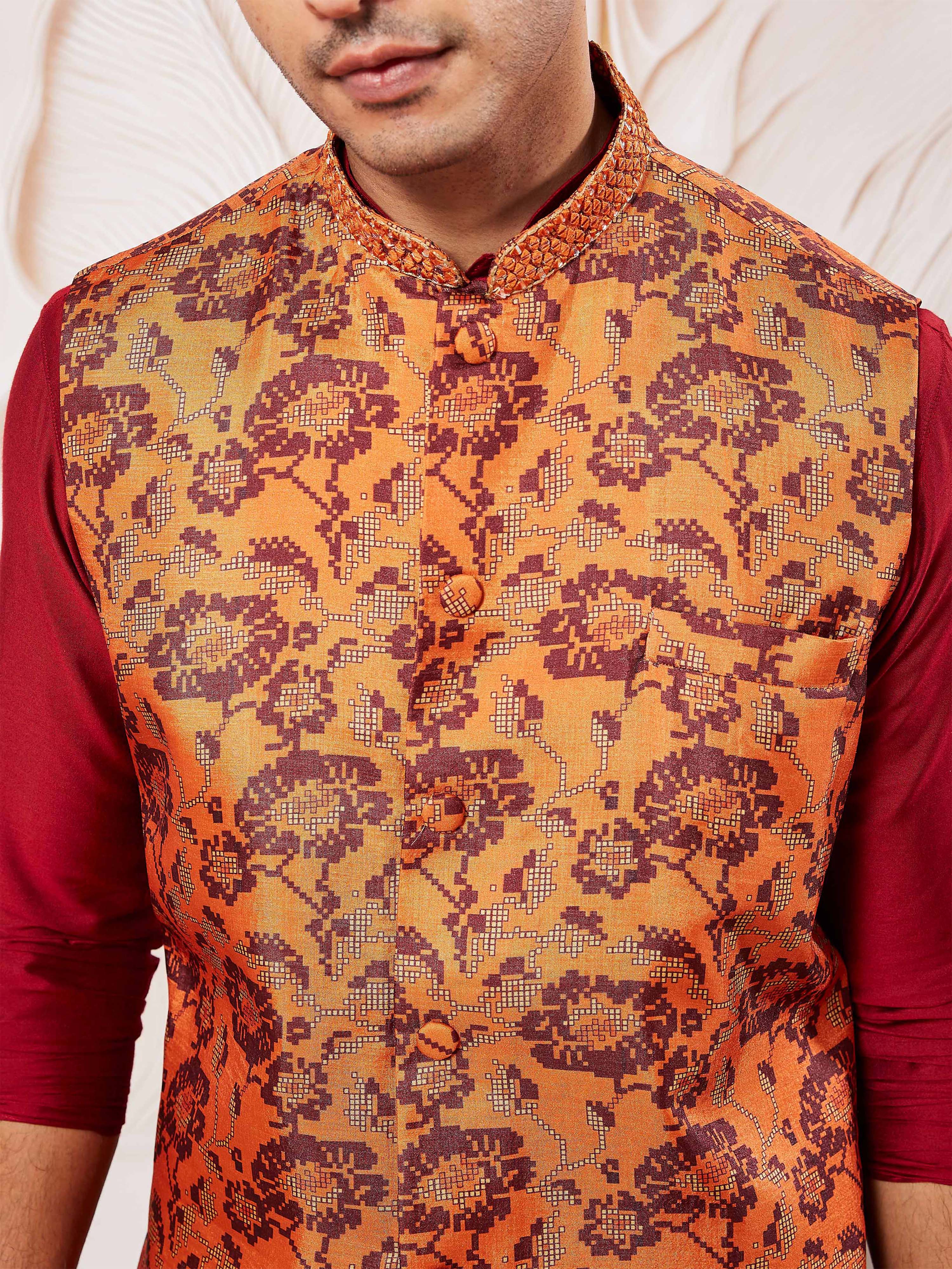 Men's Rust Silk Blend Nehru Jacket.