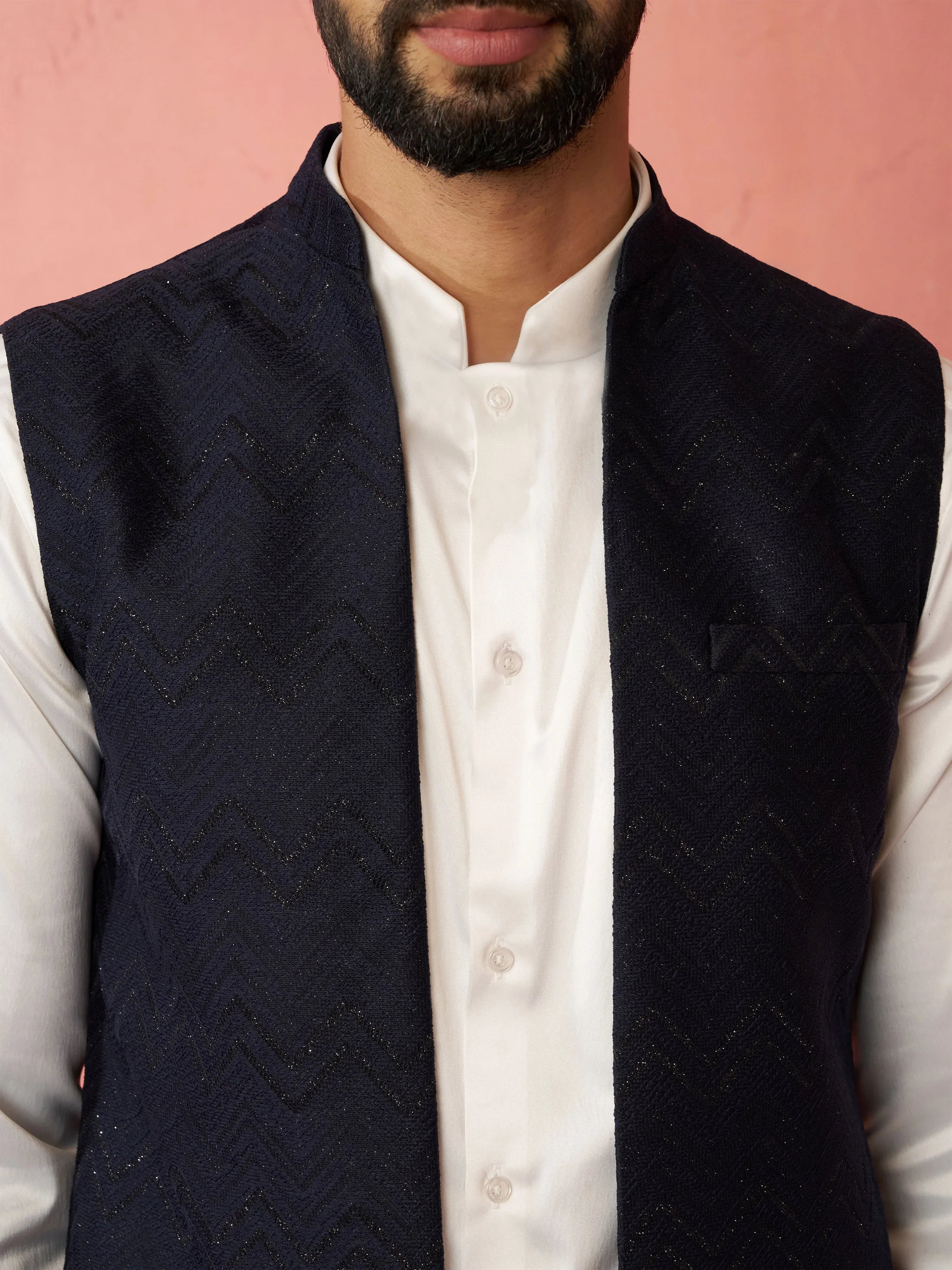 Men's Navy Blue Maharaja Jacquard Nehru Jacket