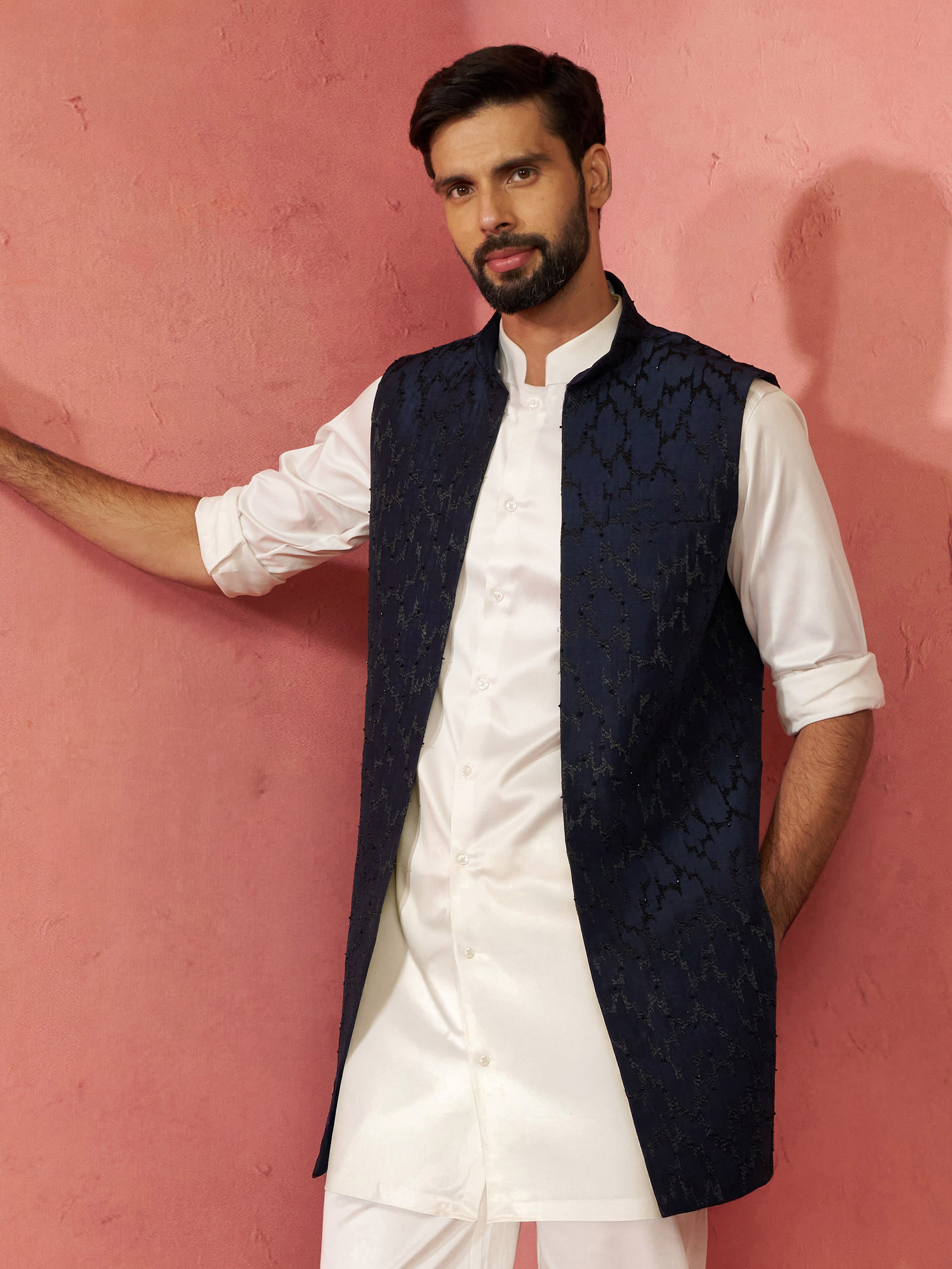 Men's Navy Blue Maharaja Jacquard Nehru Jacket