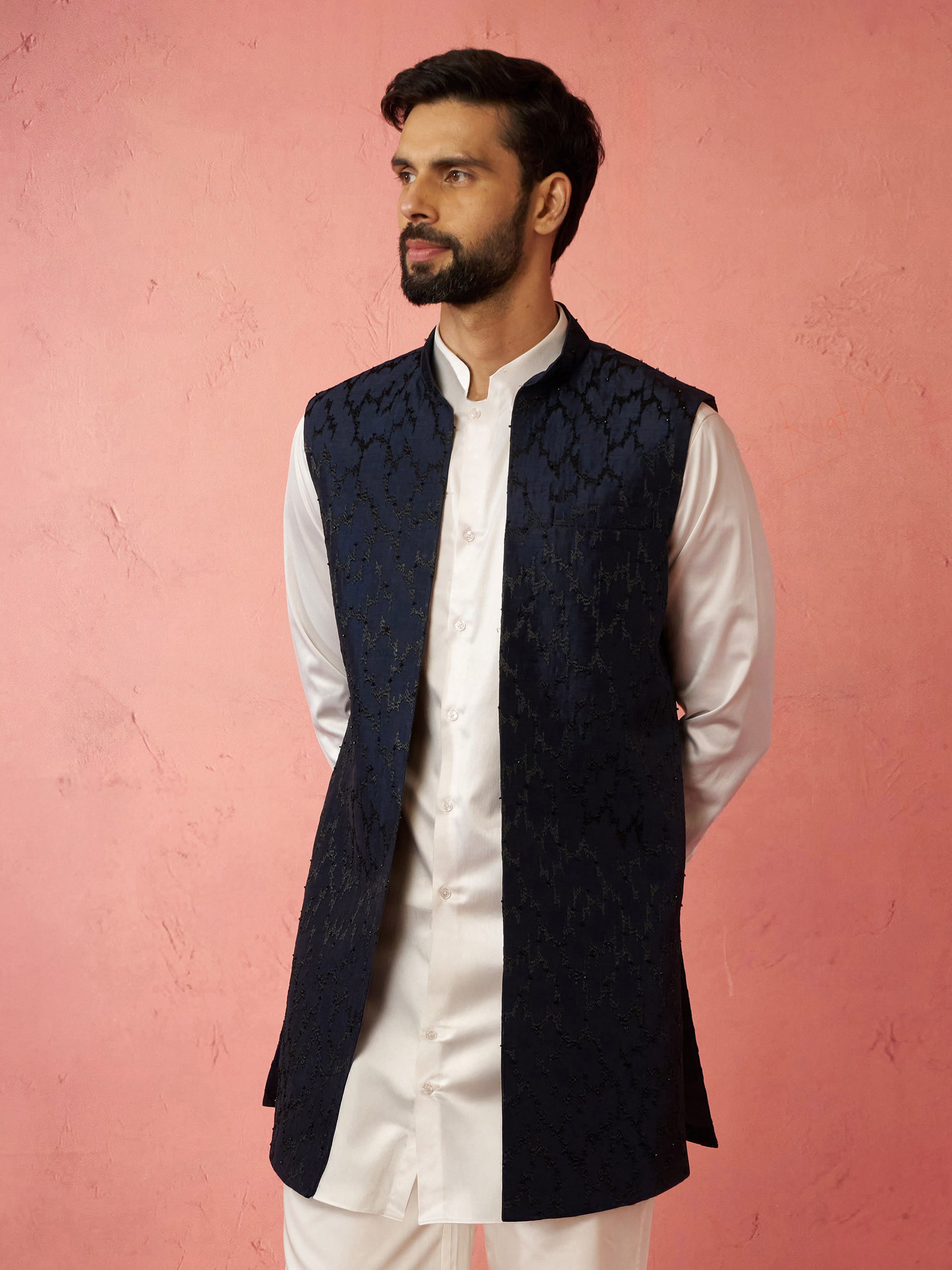 Men's Navy Blue Maharaja Jacquard Nehru Jacket