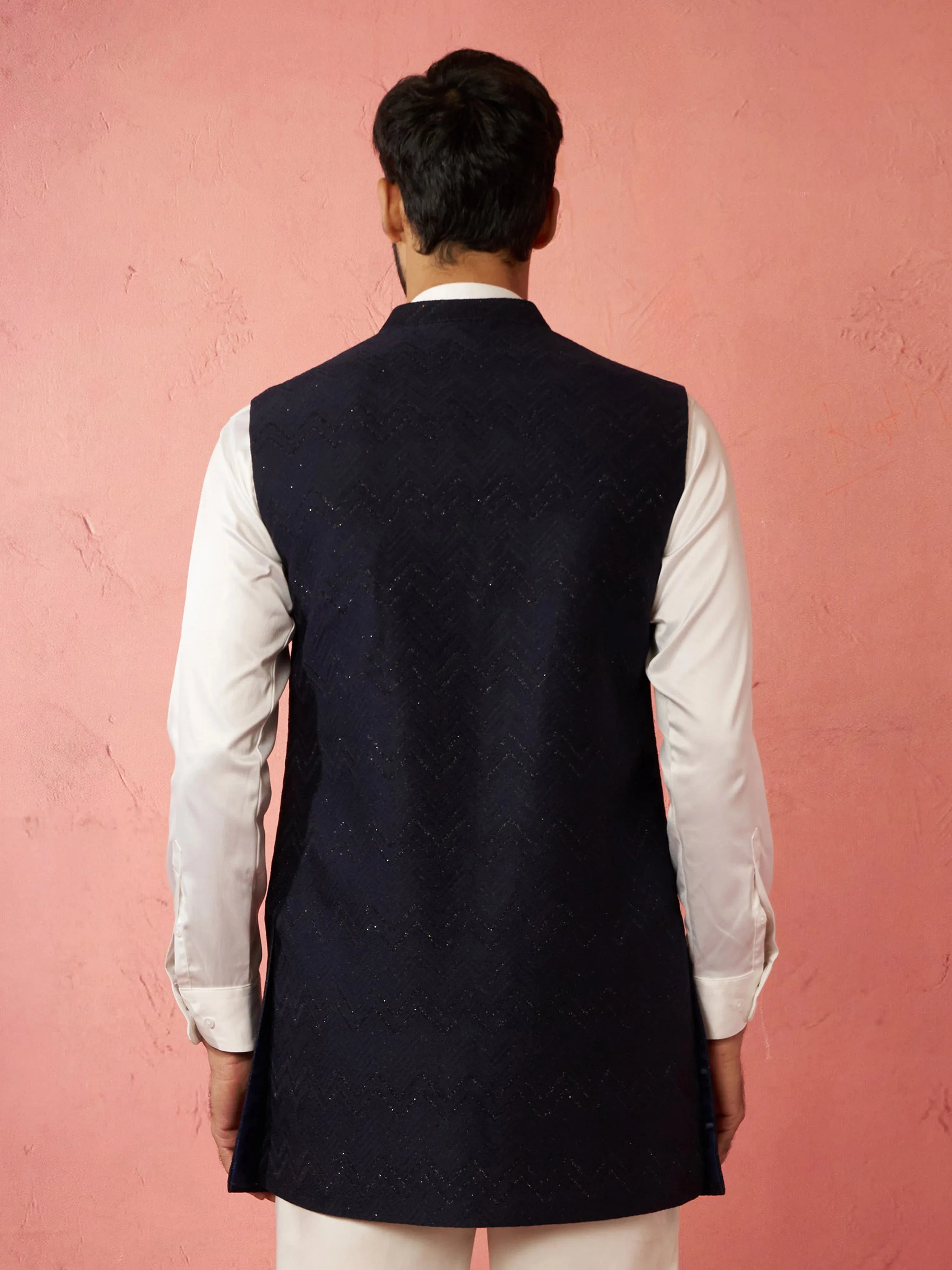 Men's Navy Blue Maharaja Jacquard Nehru Jacket