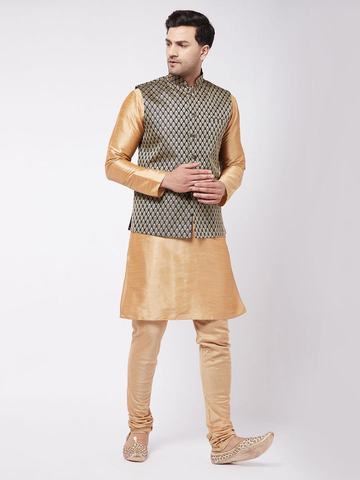 VM BY VASTRAMAY Men's Rose Gold Silk Blend Kurta And Pyjama With Black Woven Nehru Jacket