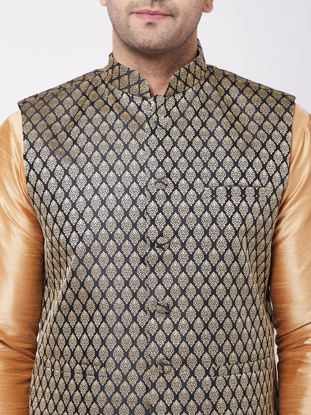 VM BY VASTRAMAY Men's Rose Gold Silk Blend Kurta And Pyjama With Black Woven Nehru Jacket