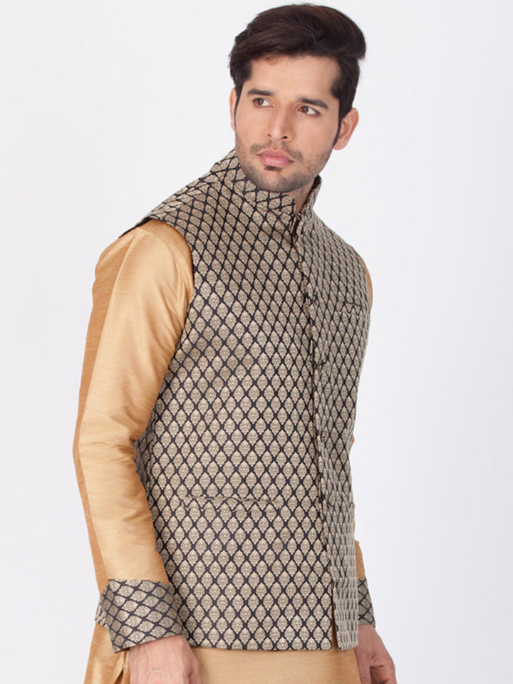 Vastramay Silk Blend Black and Gold Baap Beta Ethnic Jacket