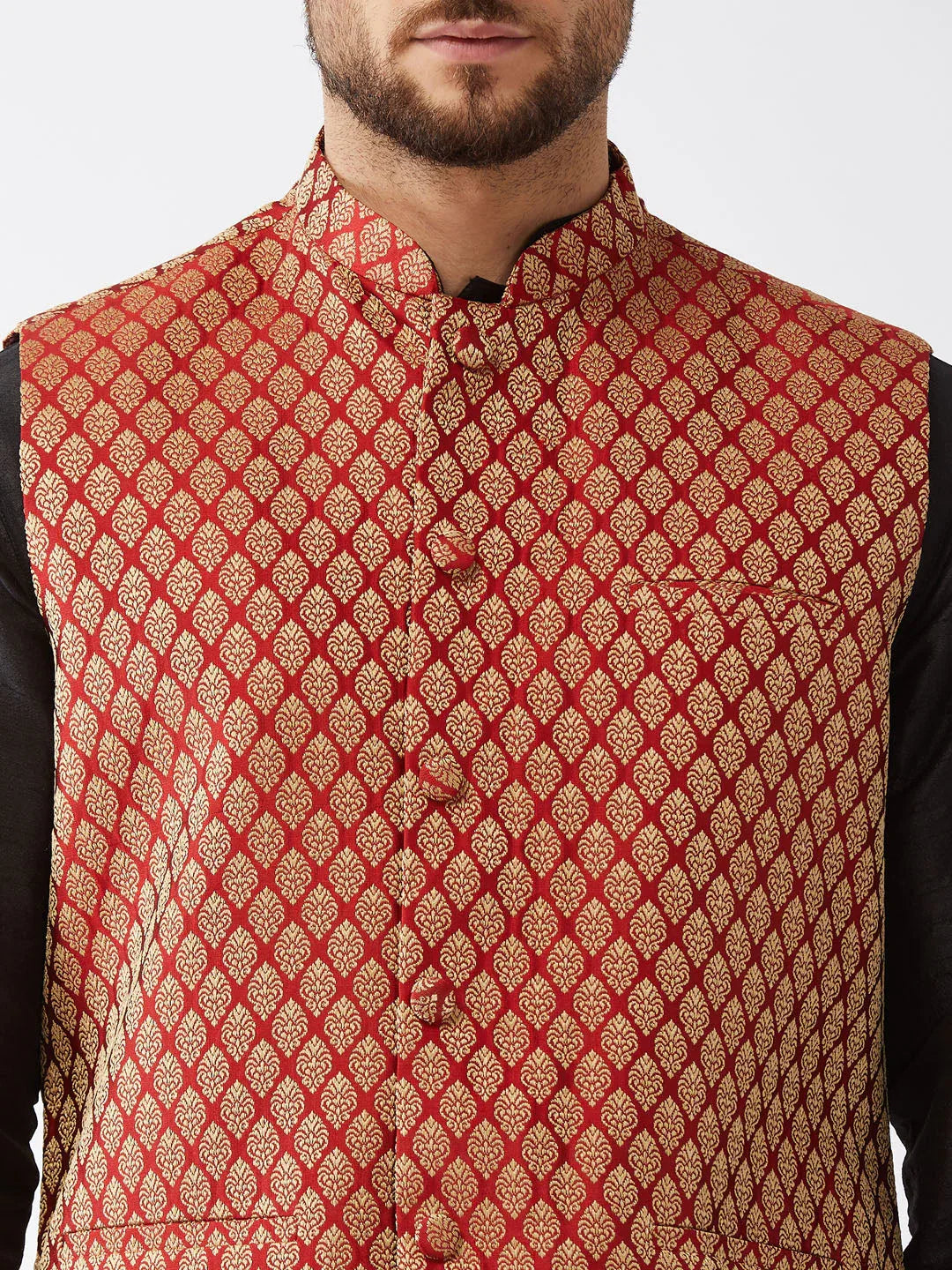 Men's  Maroon Silk Blend Ethnic Jacket, Black Kurta And Maroon Pyjama Set